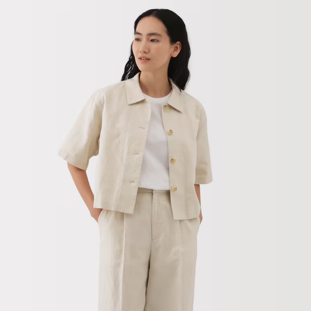 NWOT - Muji Japan Women’s Hemp Blend Twill Short Sleeve Button-Up - S - Ivory
